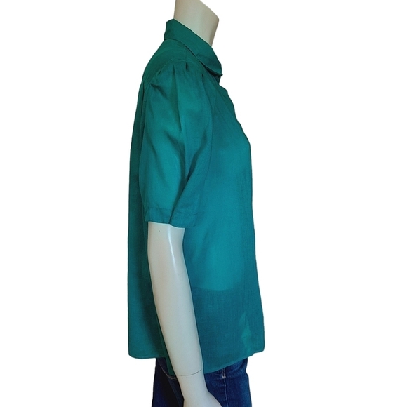 VINTAGE 80s Top Size Medium Semi Sheer Cotton Kelly Green Short Poof Sleeves - Picture 6 of 11